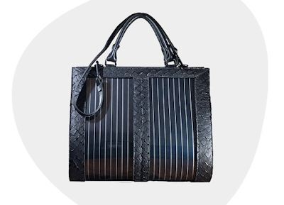A solar bag made from Amazonian fish skin