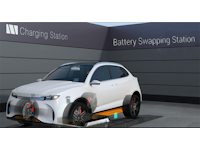 Semi-transparent stationary white car in front of a grey background with Charging Station and Battery Swapping Station written
