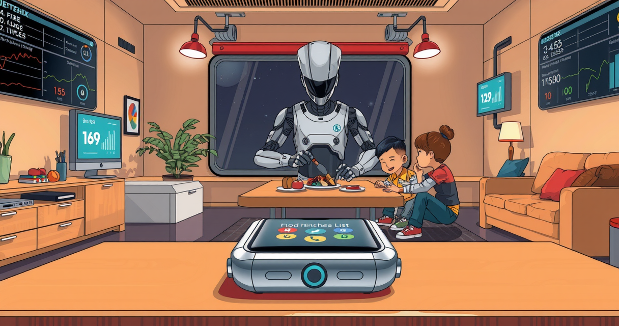A service robot is stood at a small table preparing a meal for two children sat to its left. They are chatting as they wait for their food.