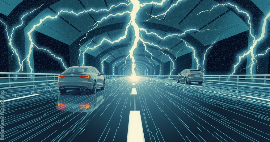 Two cars are seen driving inside a tunnel. Lightning effects represent invisible charging technology for vehicles.