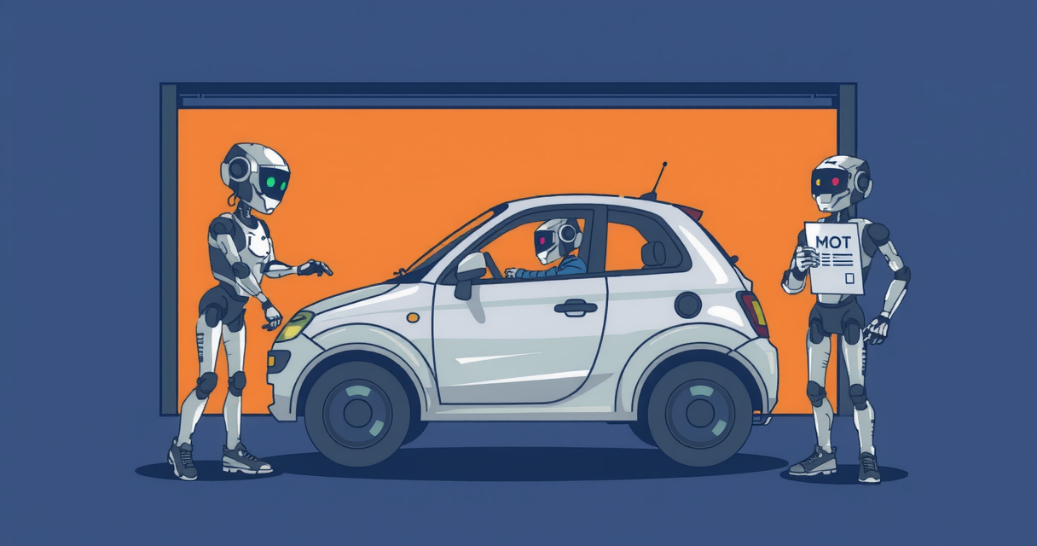 Three robots are carrying out a car's MOT. One is sat inside, one checks the front, and the other holds a clipboard.