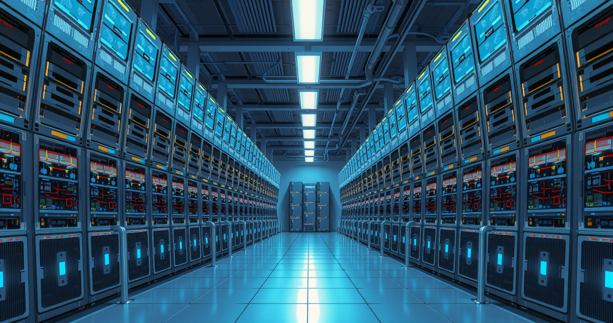 A data center with rows of stacked computing units is illuminated blue.