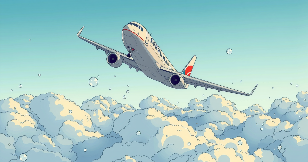 A plane running on hydrogen soars through the sky with bubbles underneath it.