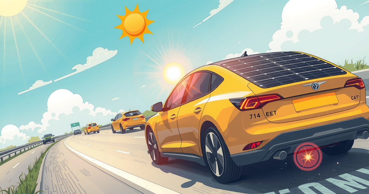 A yellow car powered by solar energy is driving along a highway with panels on it's roof.