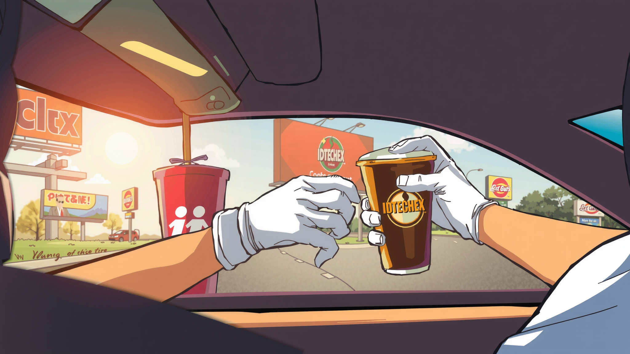 One hand passes an iced coffee to another hand across the middle of a car.