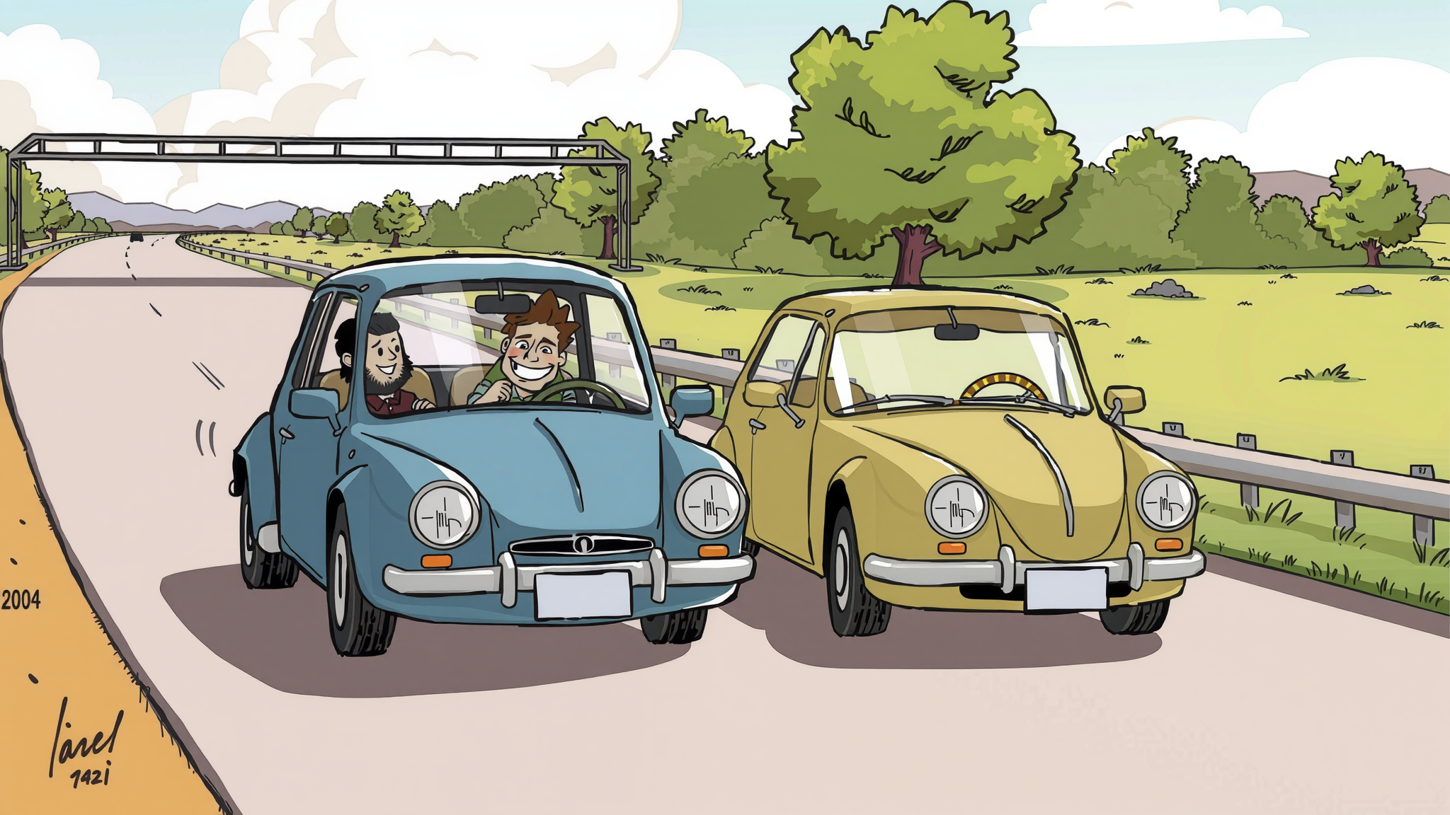 Two cars drive side by side along a quiet highway road. The car on the left has two people sat inside while the other has no driver.