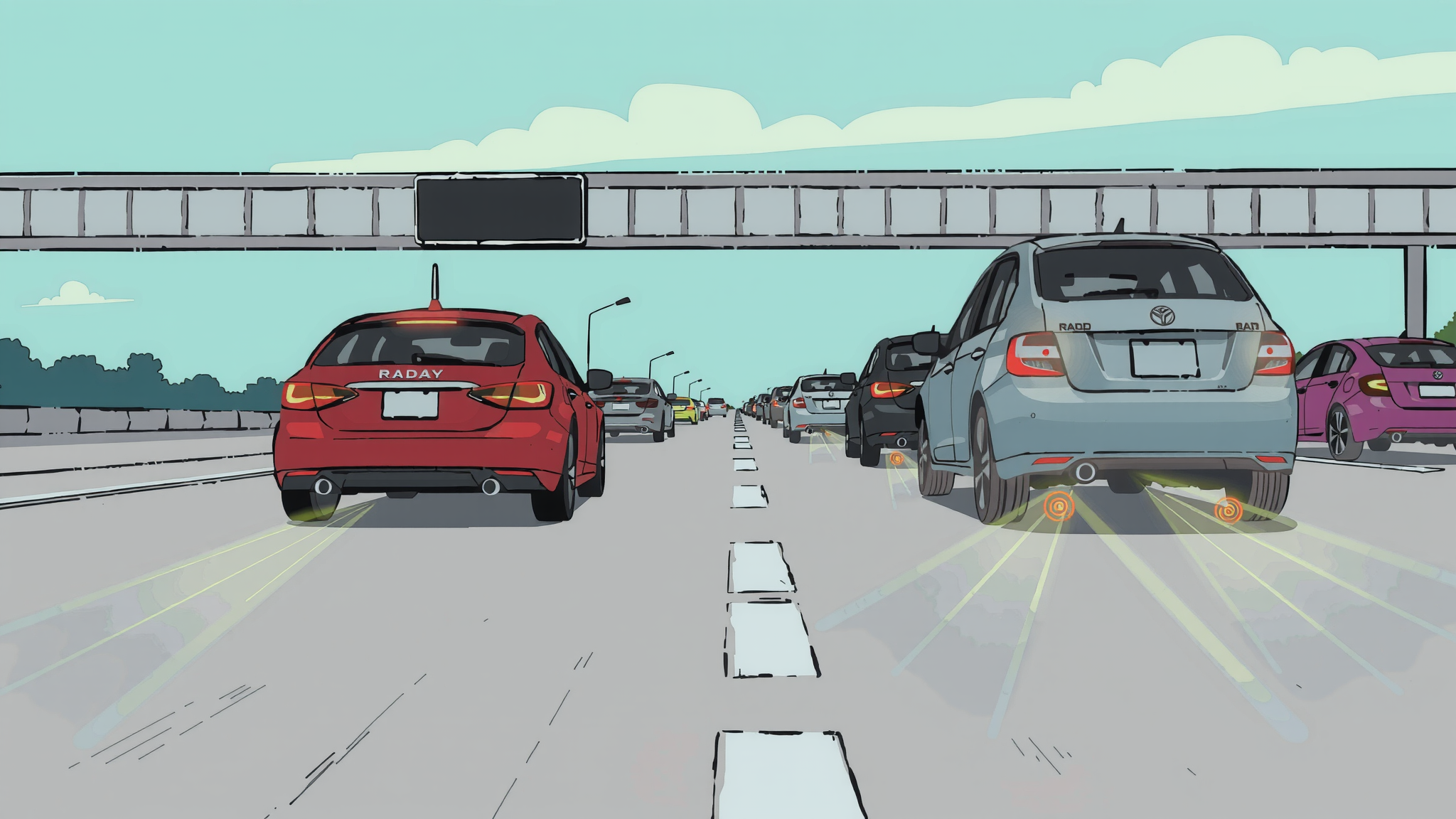 Cars with radar technology demonstrated by illuminated lights are driving side by side along a motorway.