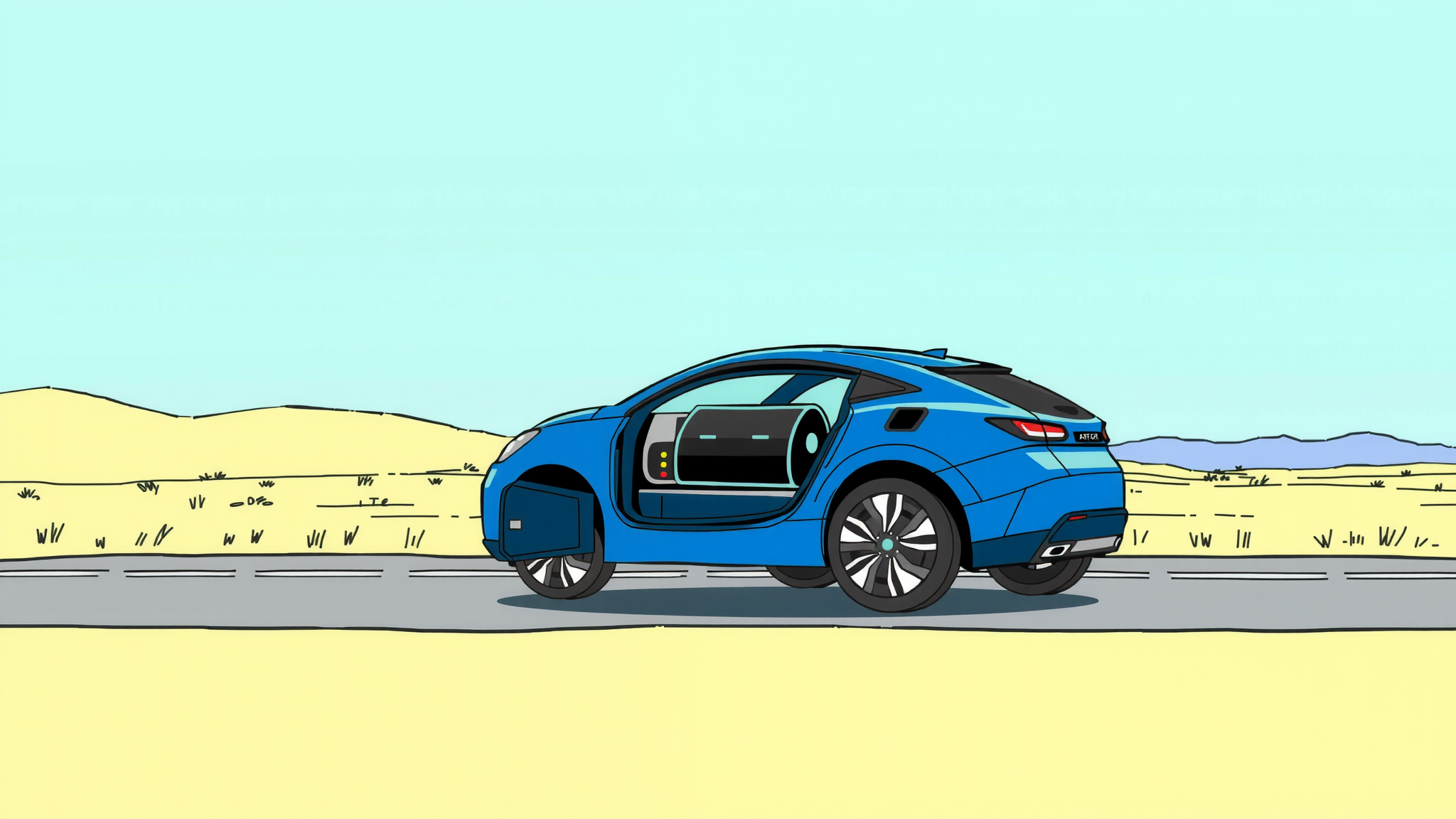 A blue electric vehicle is driving on a road with desert either side. It's charged Li-ion battery can be seen positioned inside it.