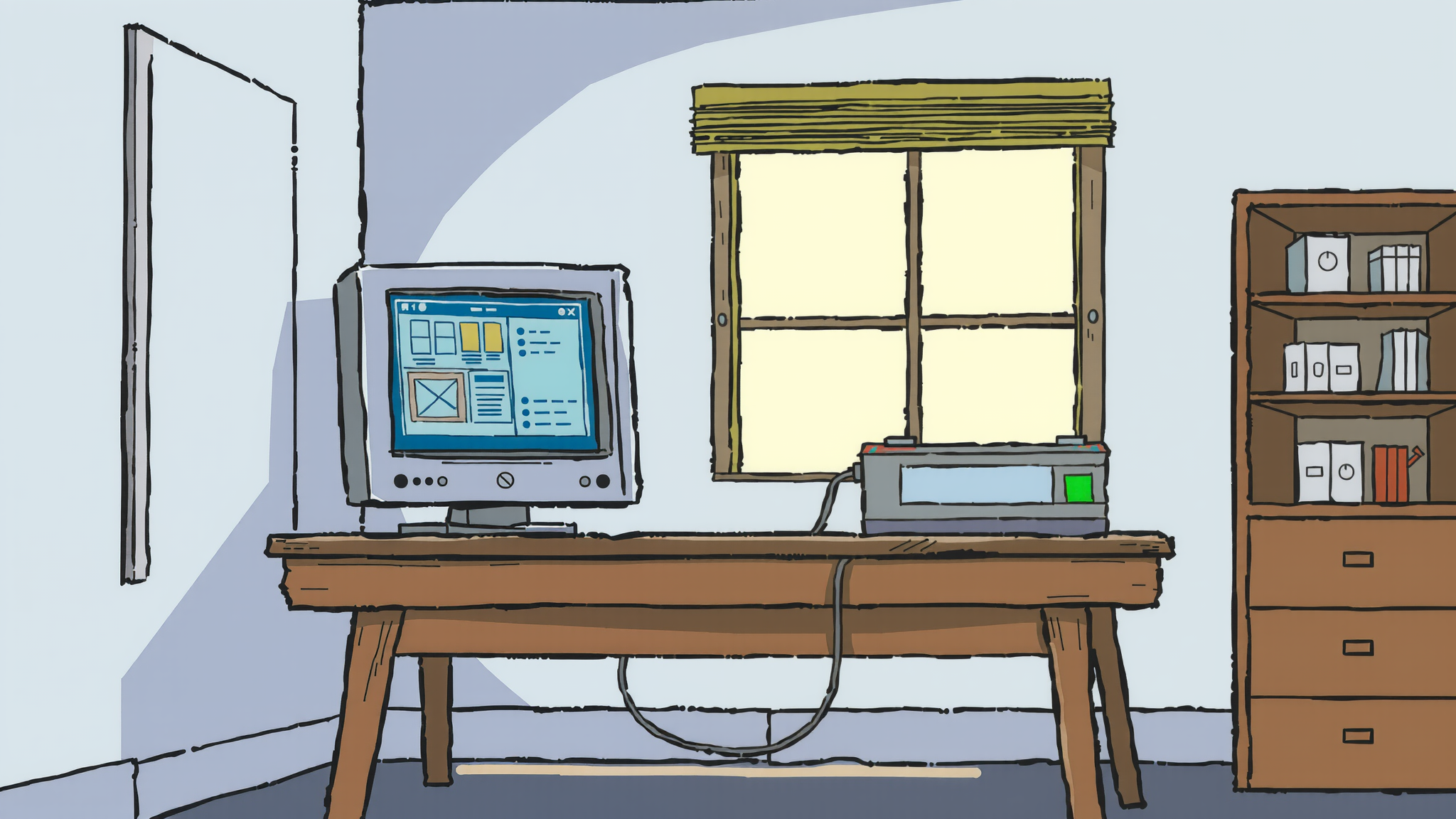 A computer running AI software is set up on a table in front of a window. It has a battery connected to it.