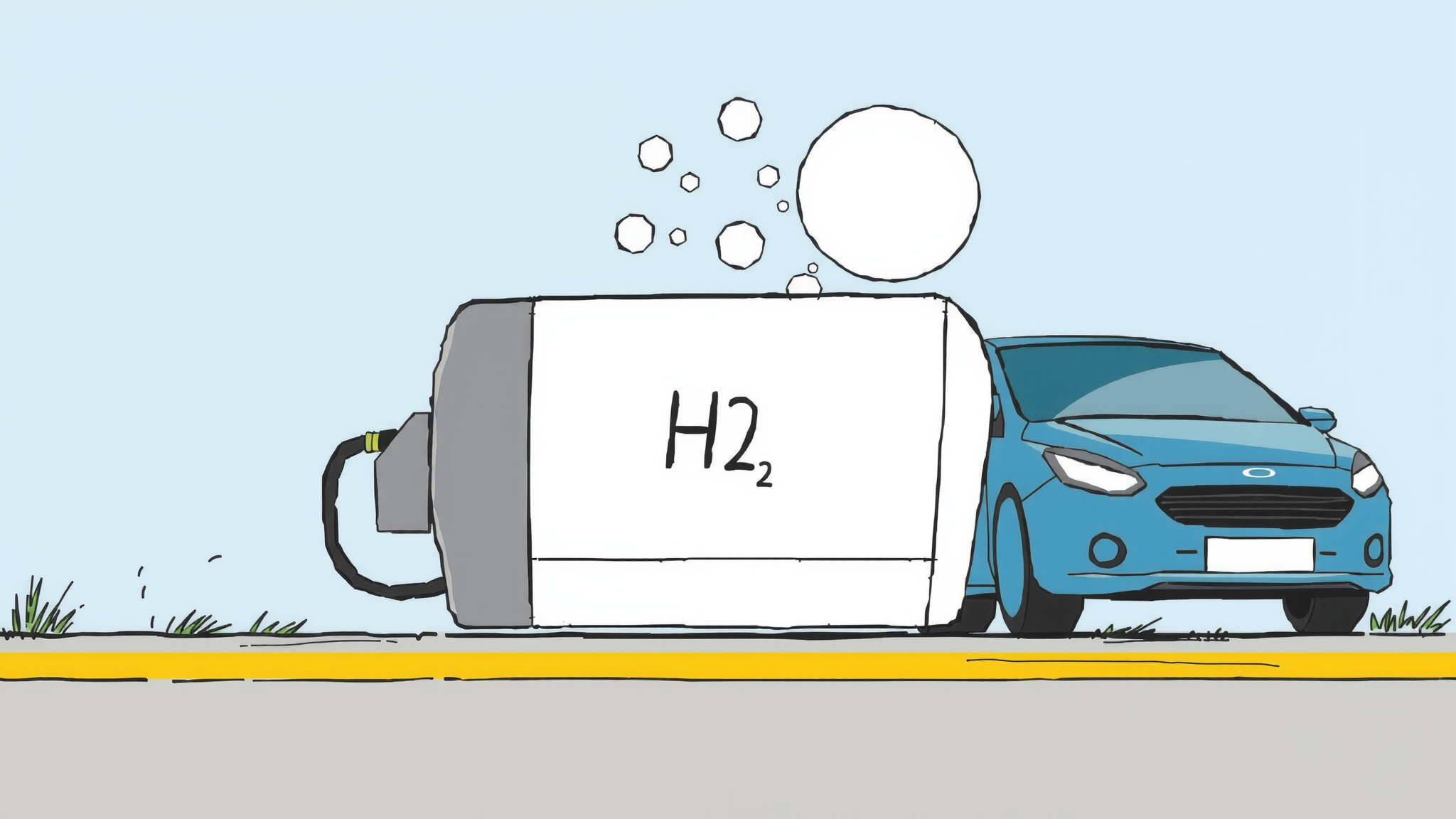 A blue car is positioned next to a large hydrogen fuel tank. Hydrogen bubbles can be seen above.