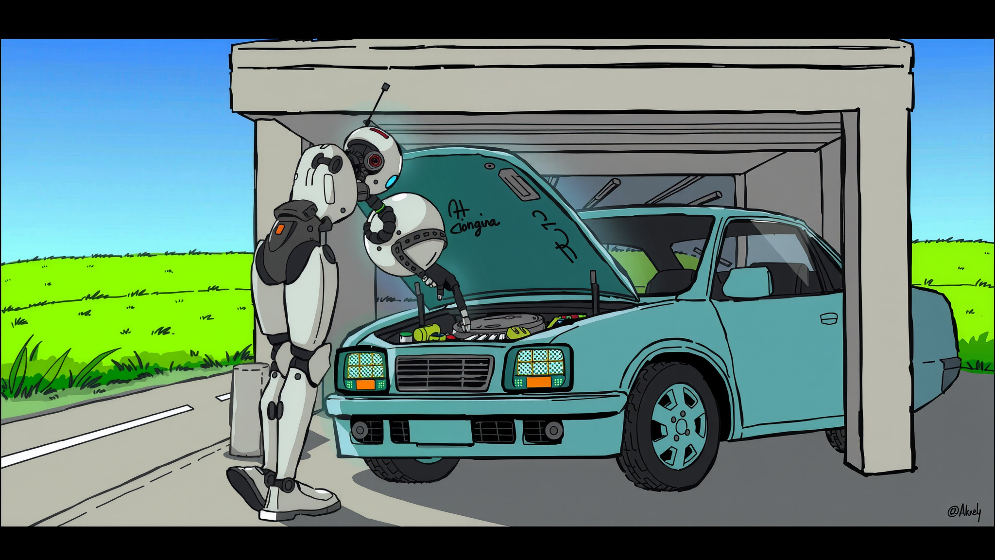 A humanoid robot is leaning over a car's bonnet in a garage.
