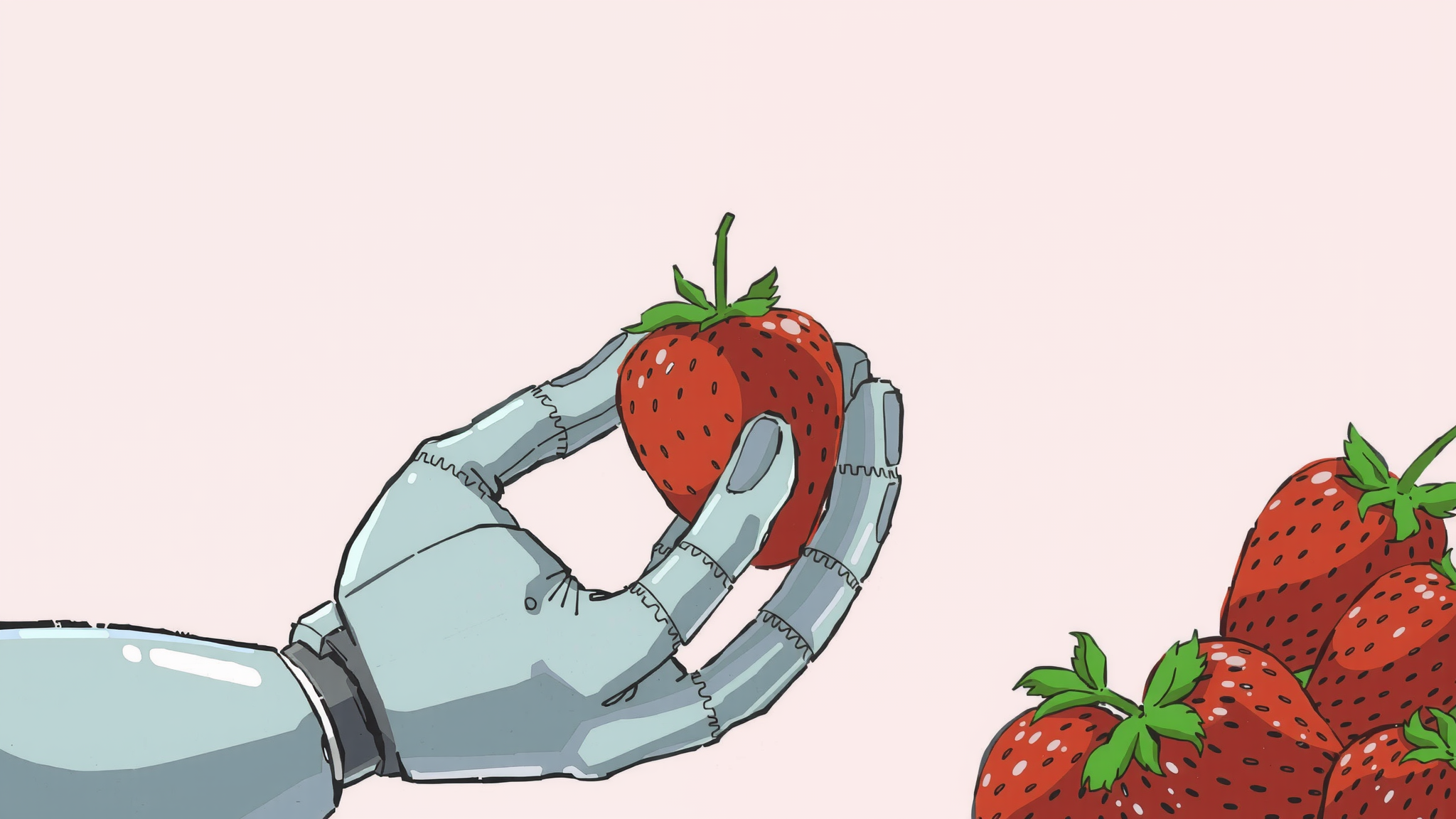 A robotic hand is holding a strawberry.