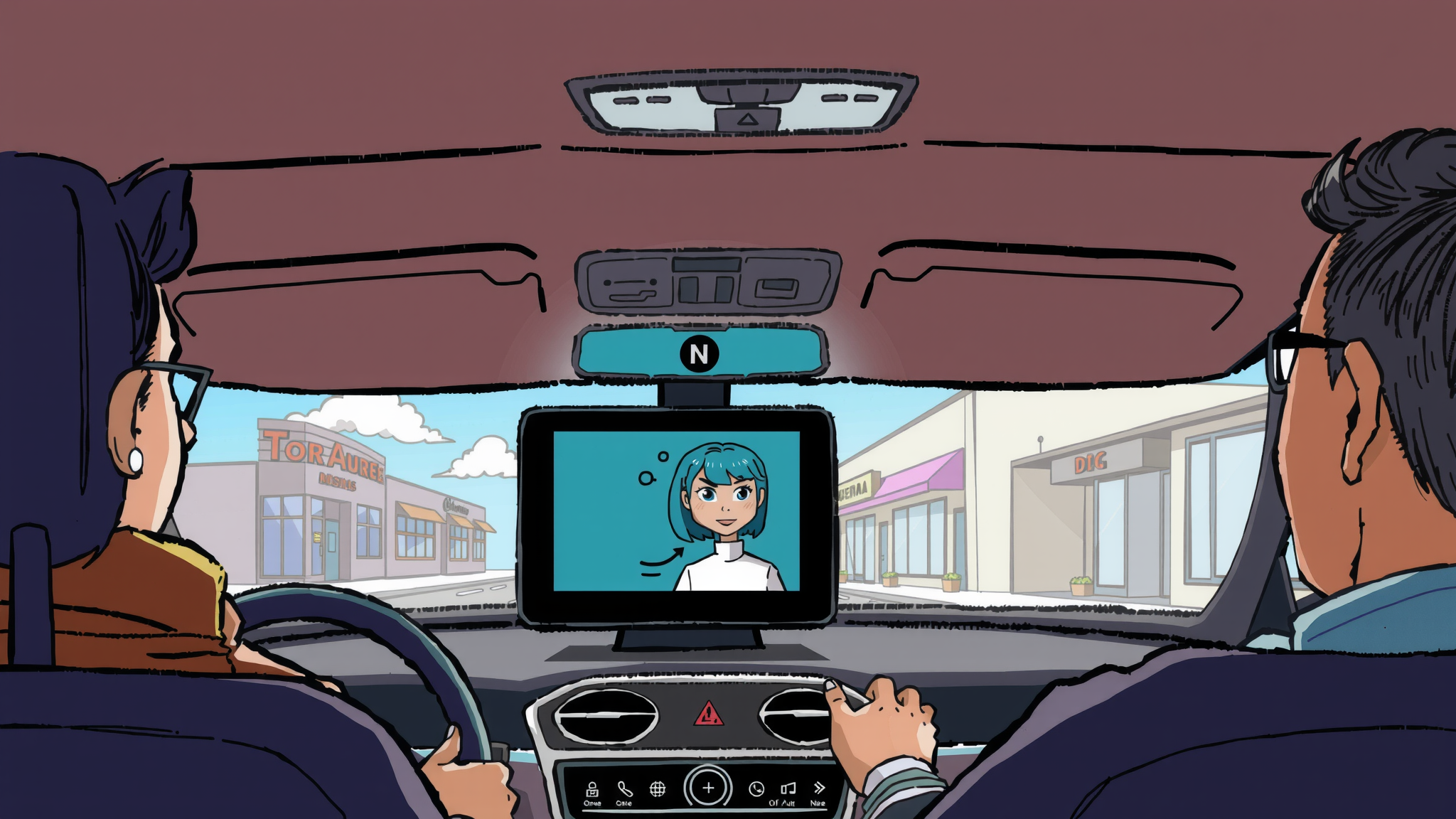 An AI assistant with blue hair is depicted in a car's central screen talking to passengers.