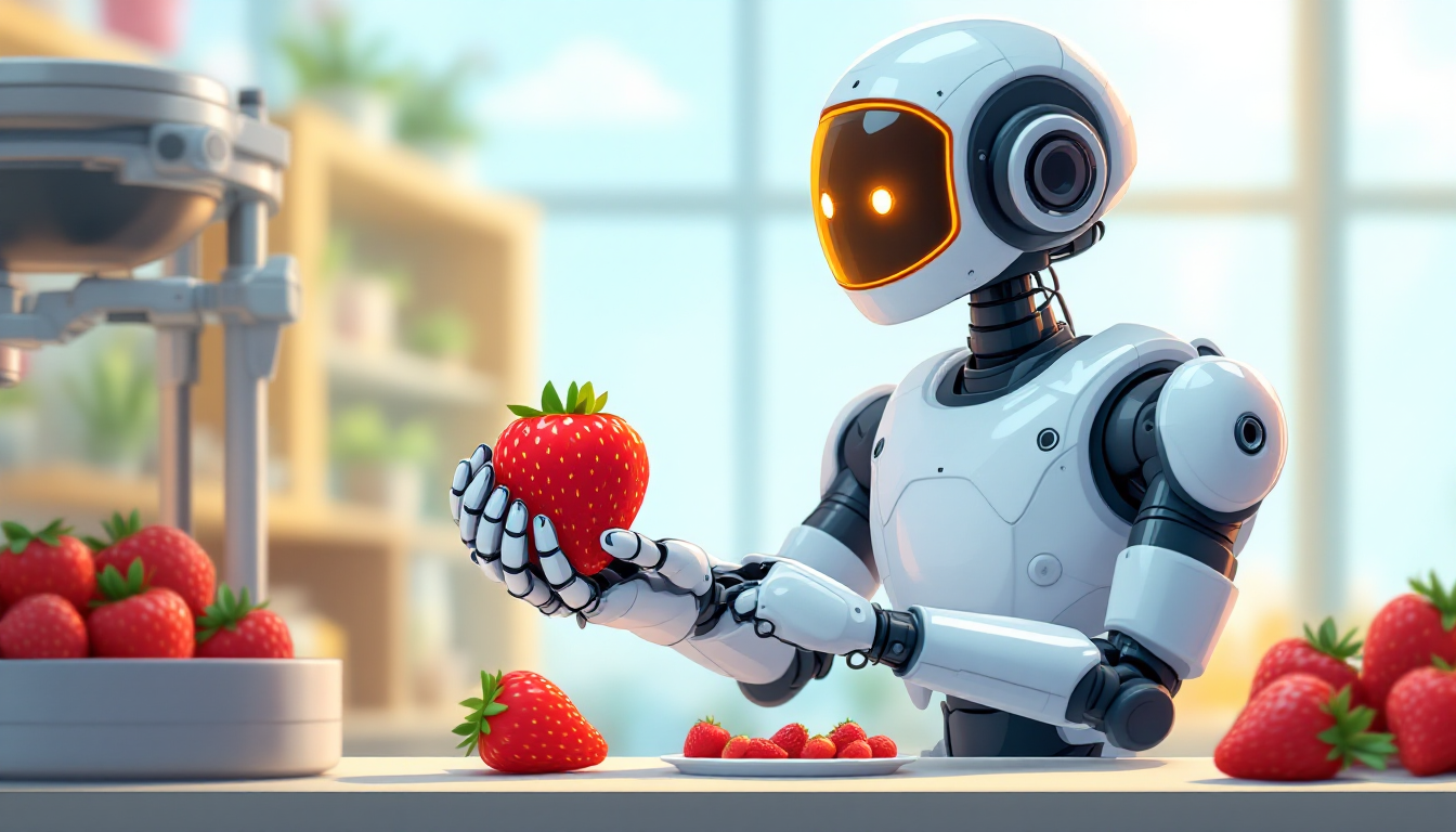 A cobot is holding a strawberry to determine its ripeness