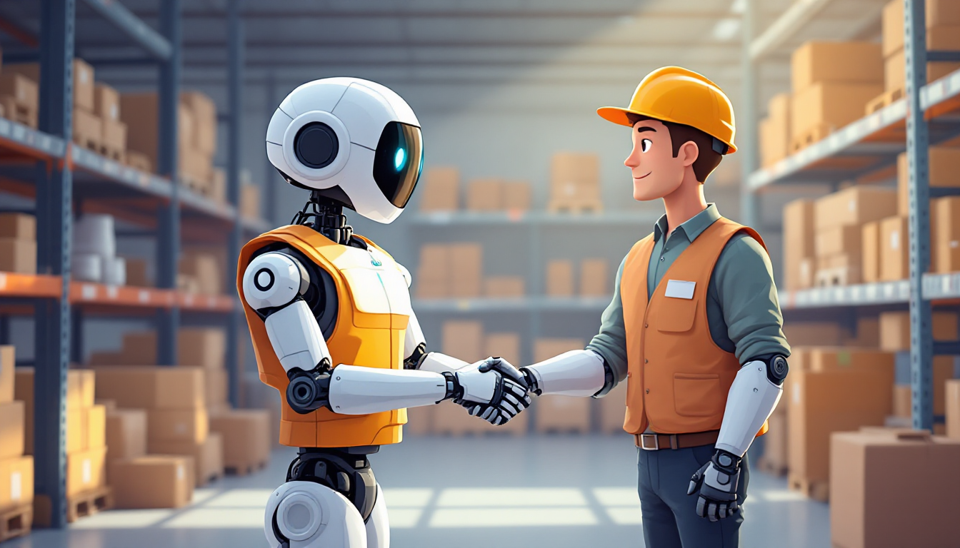 A humanoid robot is pictured shaking hands with a human worker