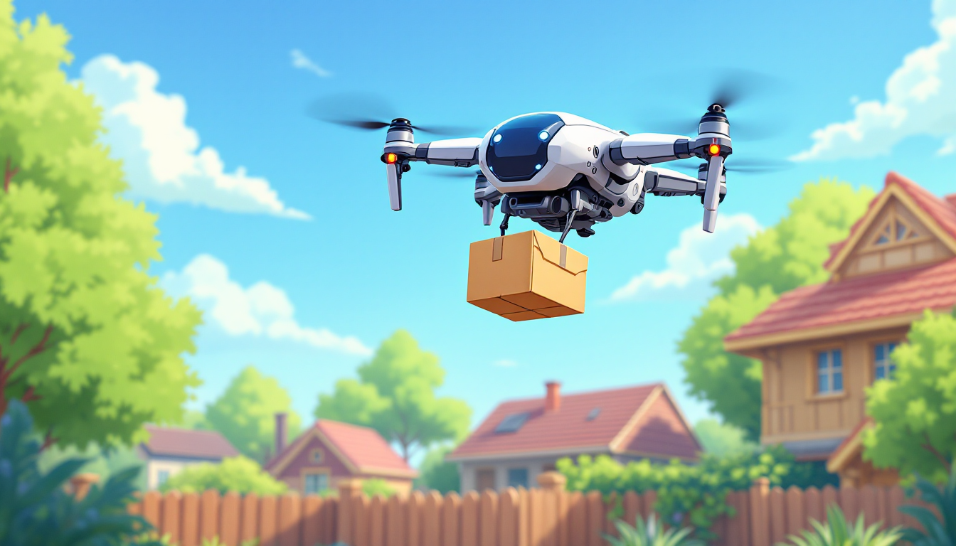 A drone is pictured carrying a parcel to a house