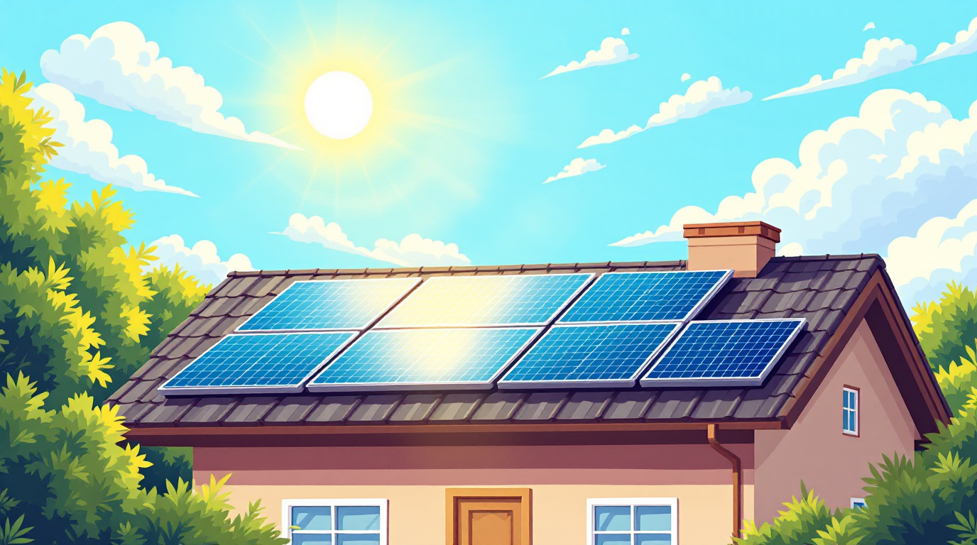 Solar panels are shown on the roof of a house on a sunny day
