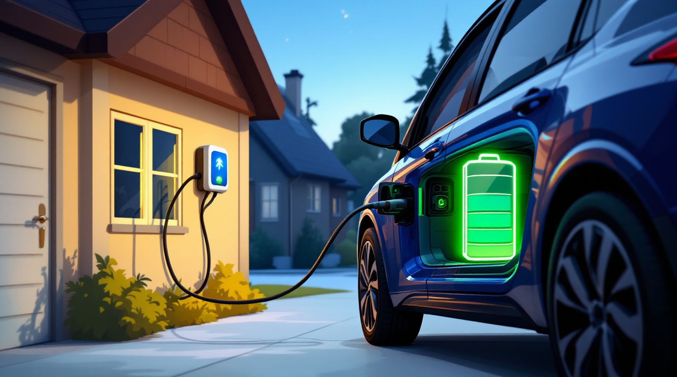 An electric vehicle is being charged at a home charging station