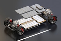 Explode view of electric vehicle chassis equipped with battery pack on the road. 3D rendering image.