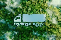 A truck-shaped lake in the midst of pristine nature, illustrating the concept of clean, greenhouse-free transport in the form of electric, hybrid or hydrogen propulsion. 3d rendering.