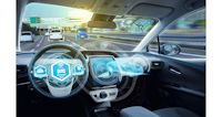 Empty cockpit of autonomous car, HUD(Head Up Display) and digital speedometer. self-driving vehicle.