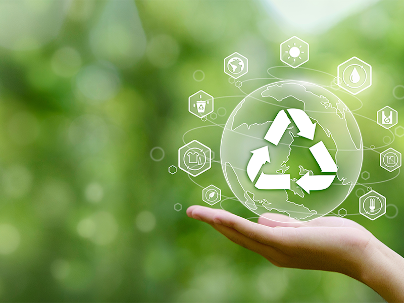 hand holding the earth on a green background with icon recycle in the concept of reuse reduce recycle rot refuse. zero waste. Conscious consumption.