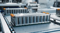 EV Battery Module for Automotive Industry on Production Line. Lithium-ion High-voltage Battery for Electric Vehicle or Hybrid Car. High Capacity Battery on Conveyor.