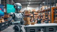 Concept human robot carrying boxes in a warehouse