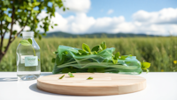 A clear bioplastic bag with leaves inside is positioned behind a wooden chopping board. To the left is a bottle made from bioplastic. Behind, a tree and a field sit beneath a cloudy blue sky, with a mountainous horizon in the background.