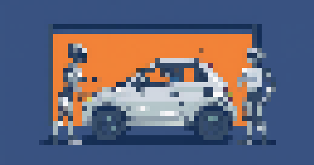 Three robots are carrying out a car's MOT. One is sat inside, one checks the front, and the other holds a clipboard.