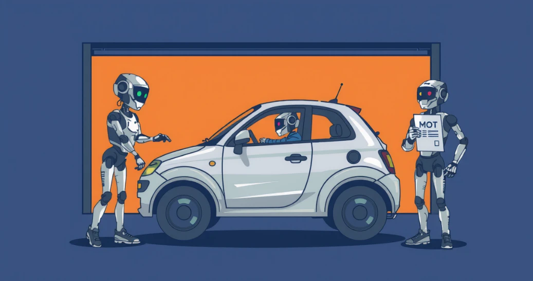 Three robots are carrying out a car's MOT. One is sat inside, one checks the front, and the other holds a clipboard.