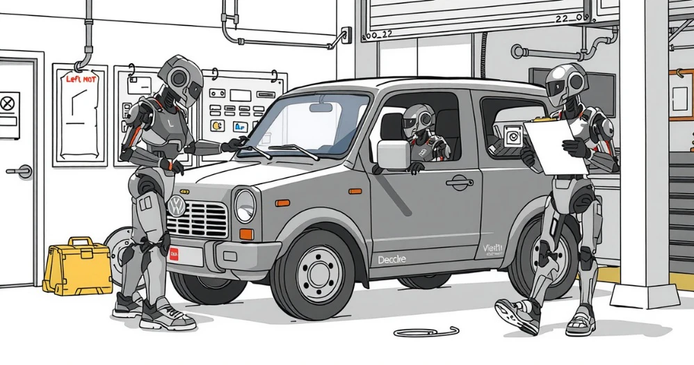 Three robots are seen inside a garage completing a car's MOT. One sits inside, one is checking the front, and one is stood to the side with a clipboard.
