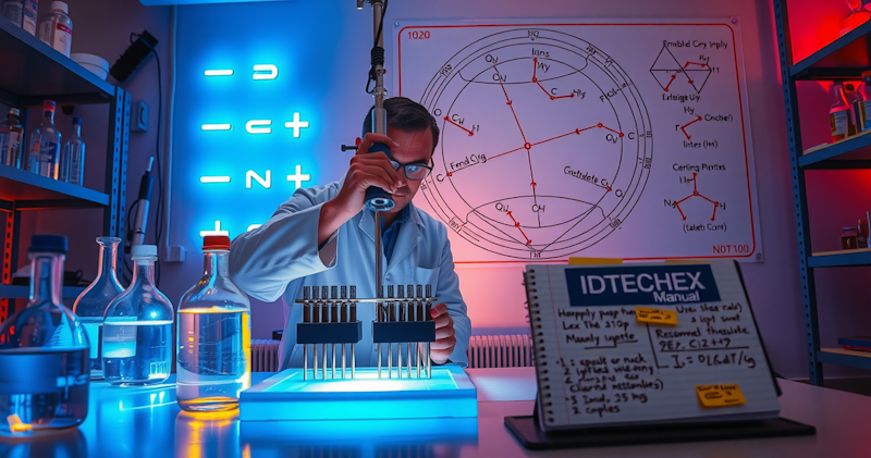 A scientist is working in a lab. There are fluorescent lights lighting up the room and a chemical diagram behind him.