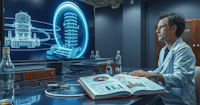 A scientist is sitting at a desk working at a computer with a large textbook open. The display shows blue, illuminated nucelear technology illustration.