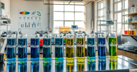 A row of tall glasses with multicoloured liquid inside are positioned on a table at the forefront of a lab.