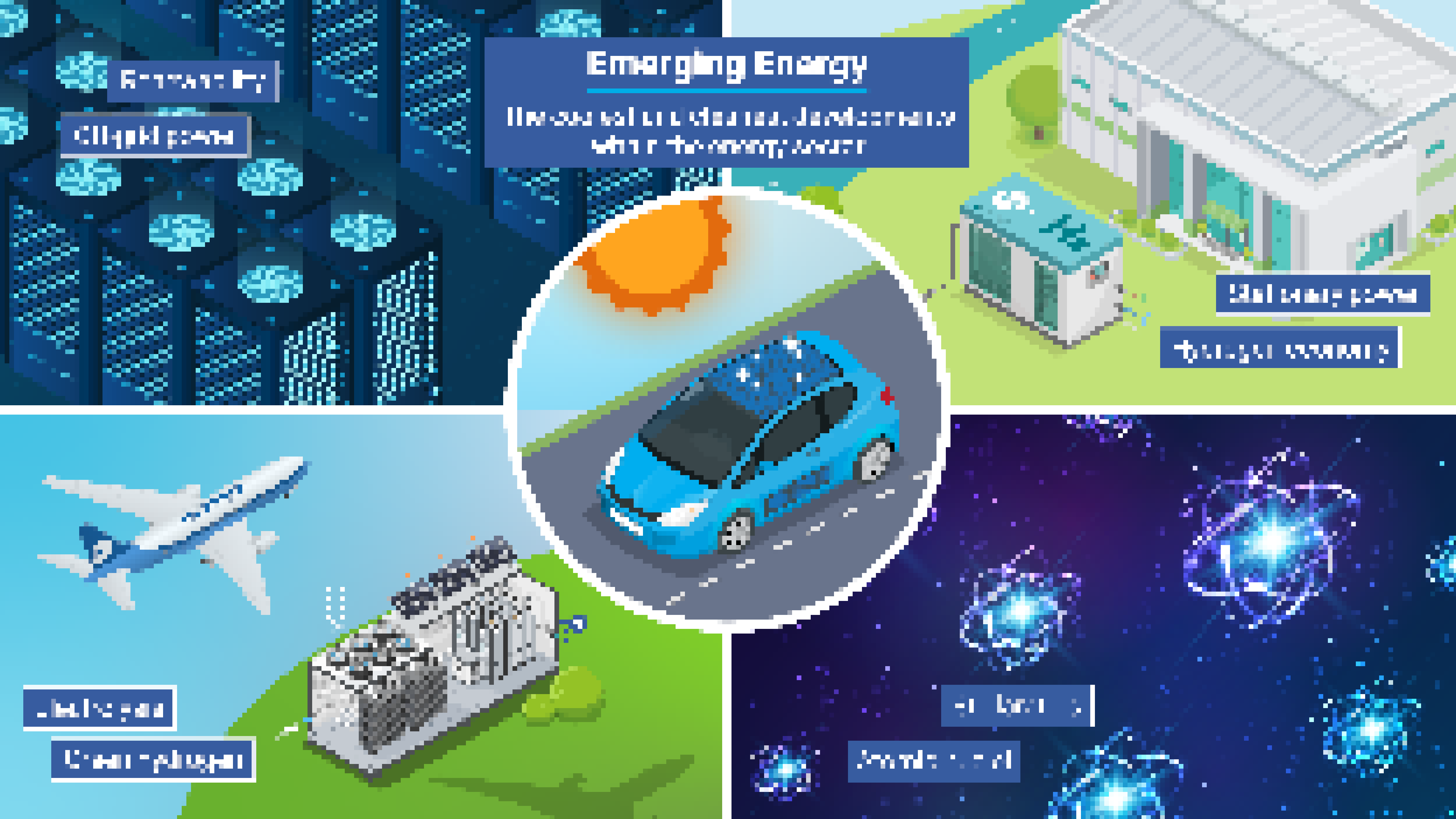 An emerging energy infographic depicts a car operating on solar, data center, a hydrogen fuel cell, atomic nuclei, and a plane operating on hydrogen.