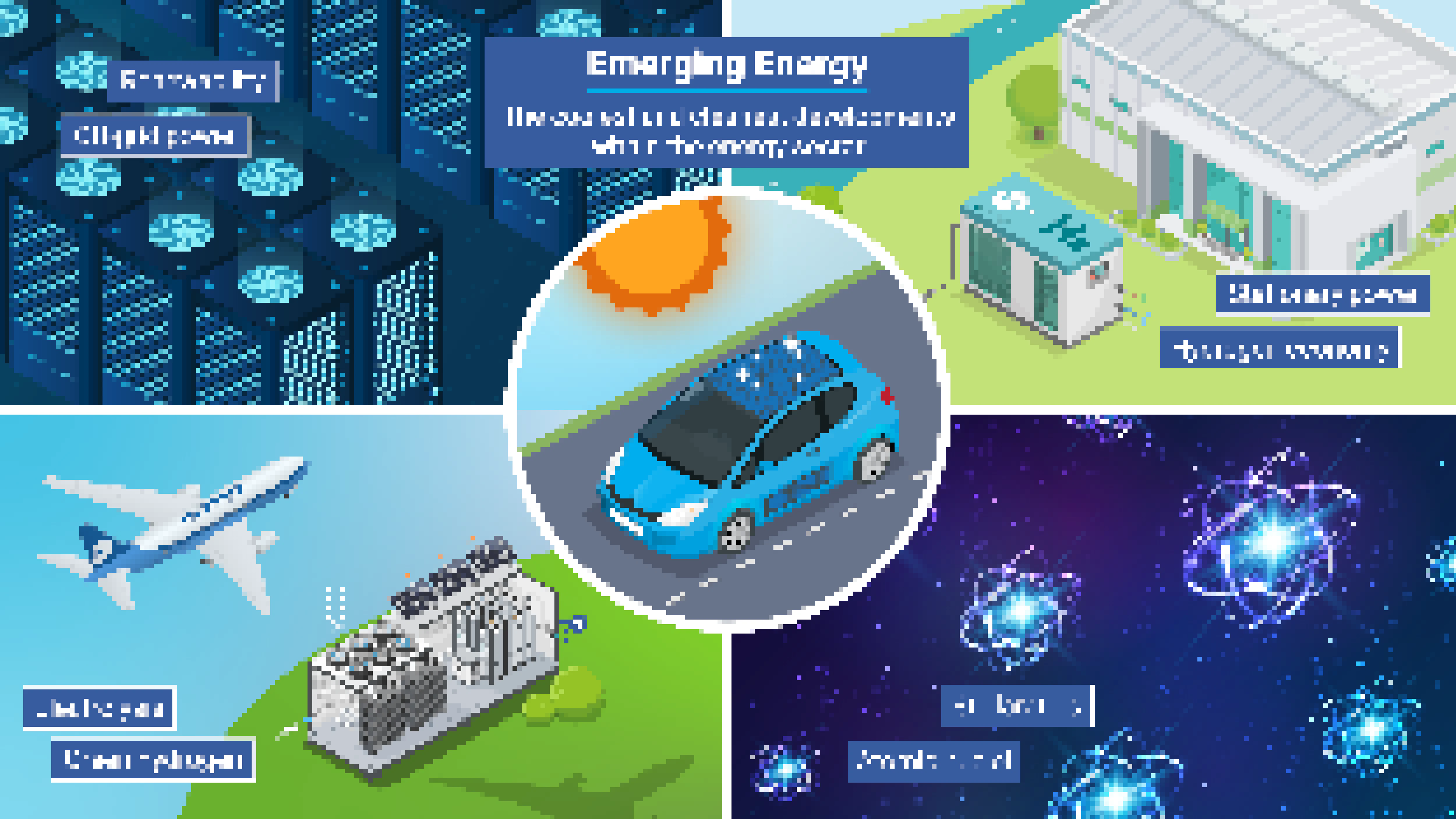 An emerging energy infographic depicts a car operating on solar, data center, a hydrogen fuel cell, atomic nuclei, and a plane operating on hydrogen.