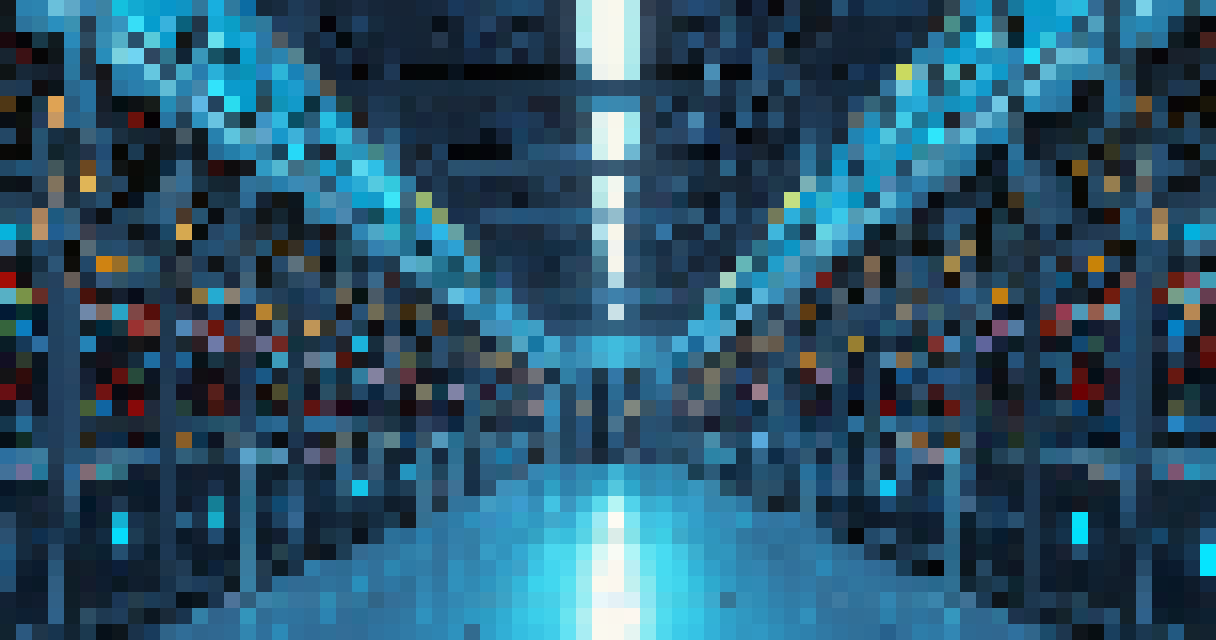 A data center with rows of stacked computing units is illuminated blue.