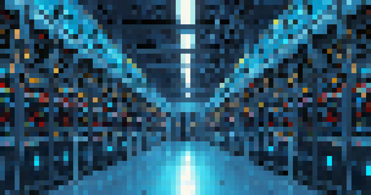 A data center with rows of stacked computing units is illuminated blue.
