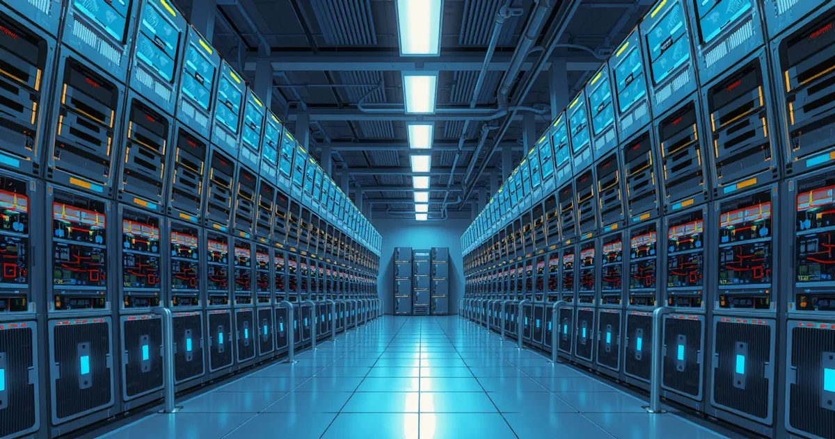 A data center with rows of stacked computing units is illuminated blue.