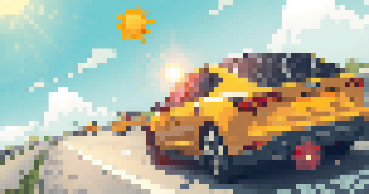 A yellow car powered by solar energy is driving along a highway with panels on it's roof.