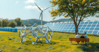 A field contains rows of solar panels and a wind turbine. There are three people sat on a bench underneath a tree on the right.
