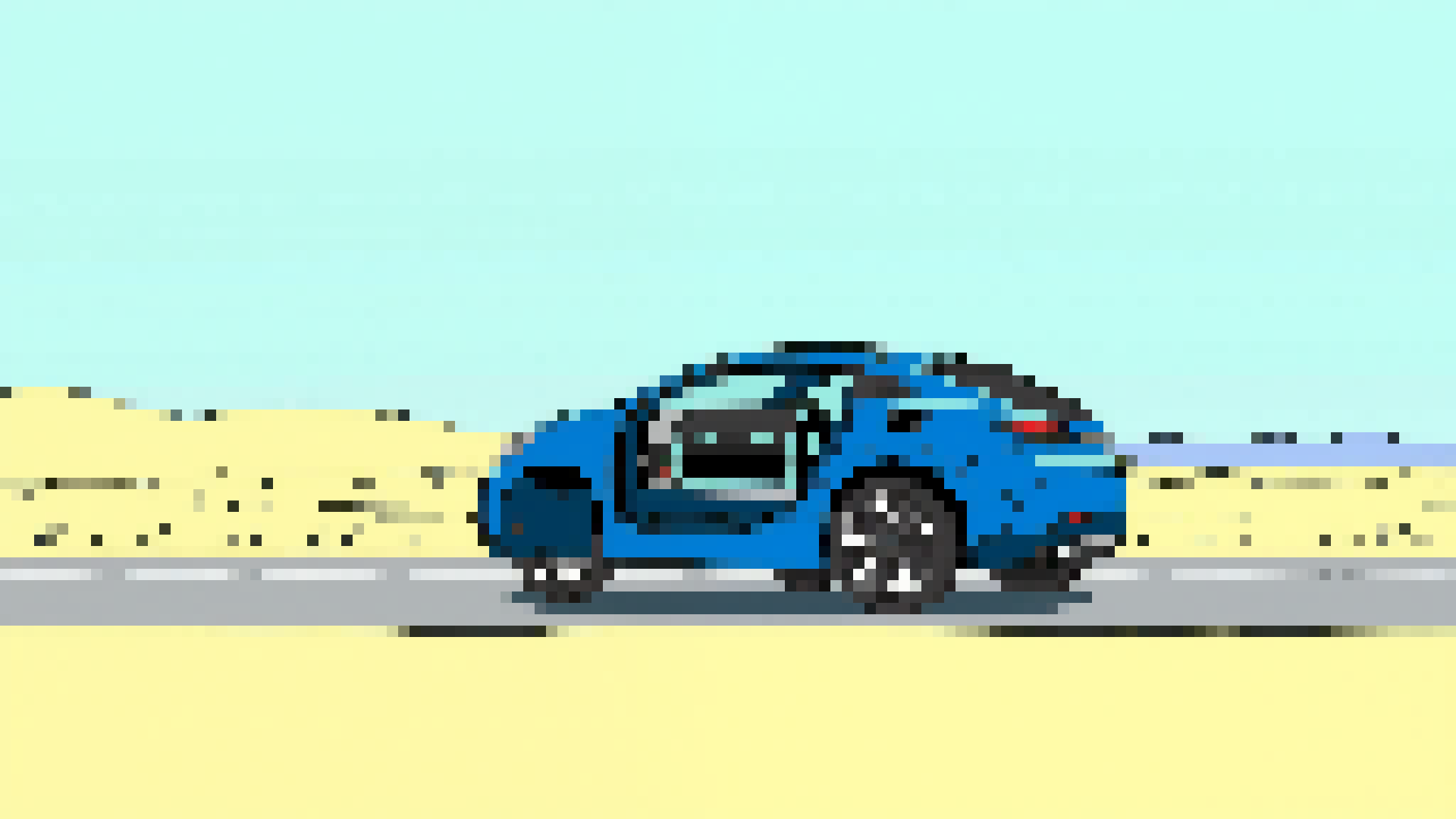 A blue electric vehicle is driving on a road with desert either side. It's charged Li-ion battery can be seen positioned inside it.