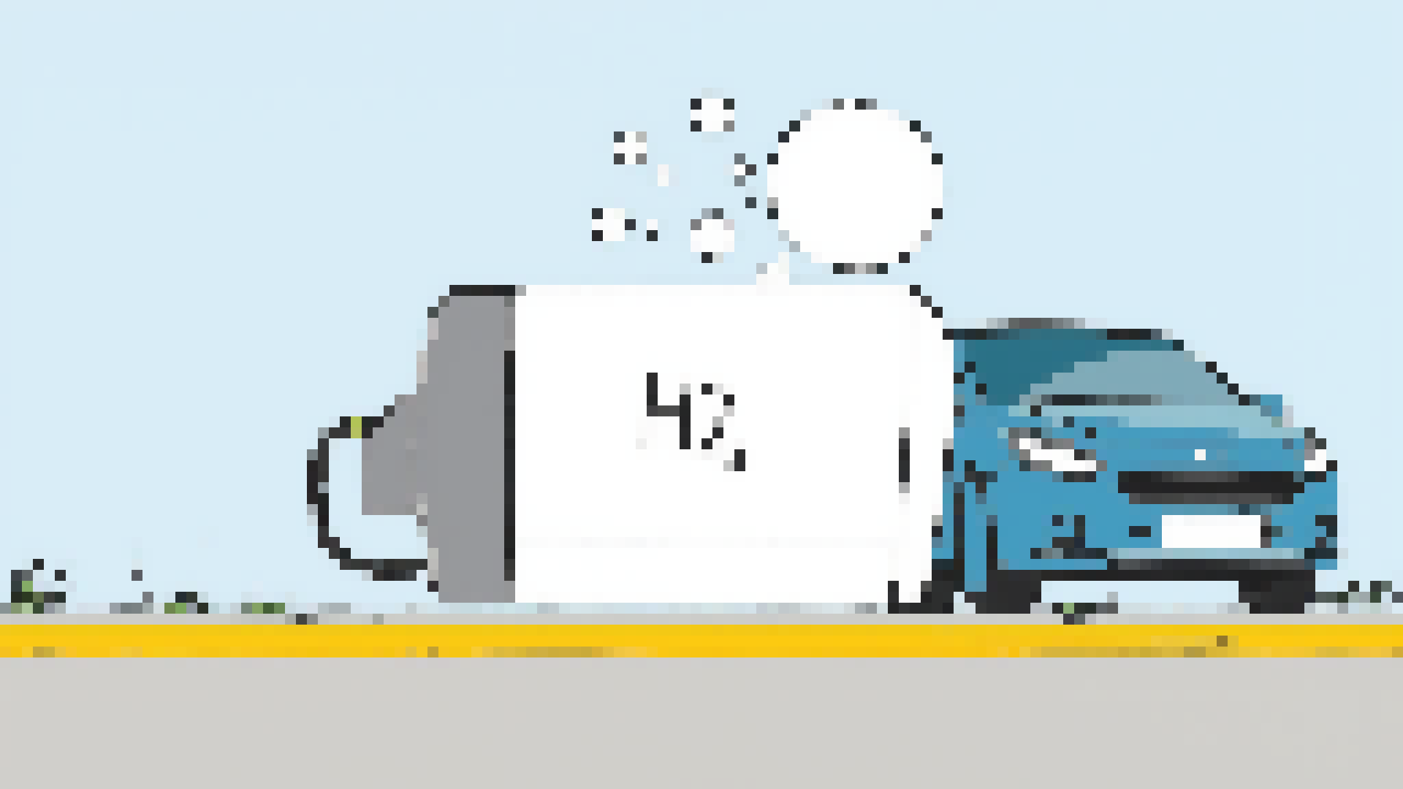 A blue car is positioned next to a large hydrogen fuel tank. Hydrogen bubbles can be seen above.