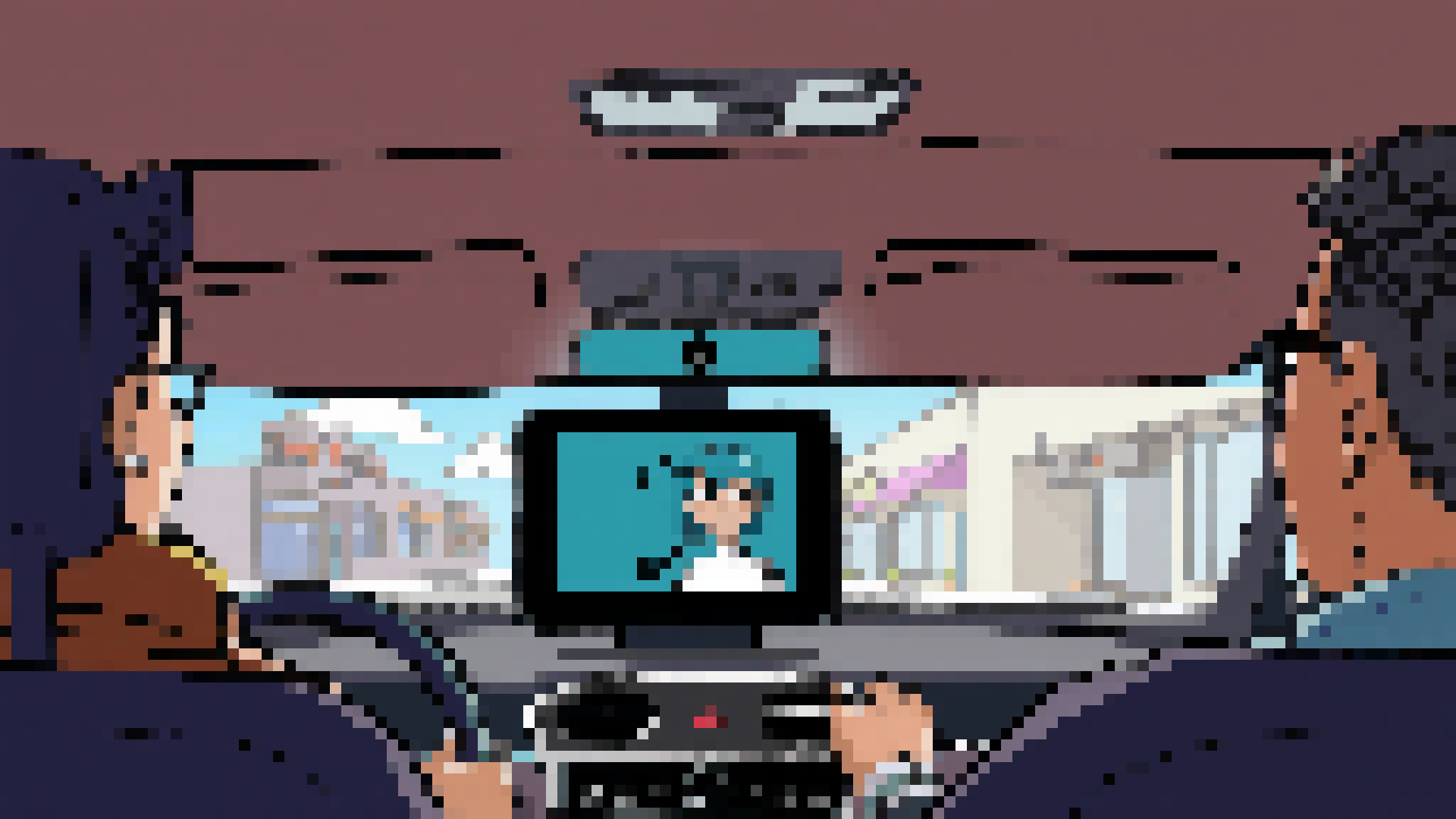 An AI assistant with blue hair is depicted in a car's central screen talking to passengers.