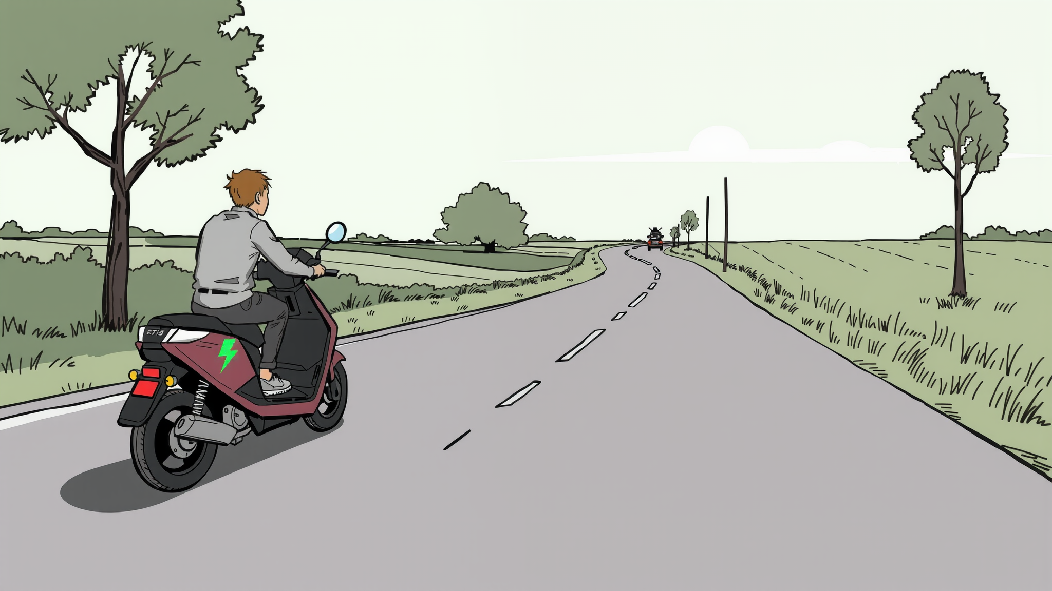 A man is riding on an electric motorbike down a country lane.