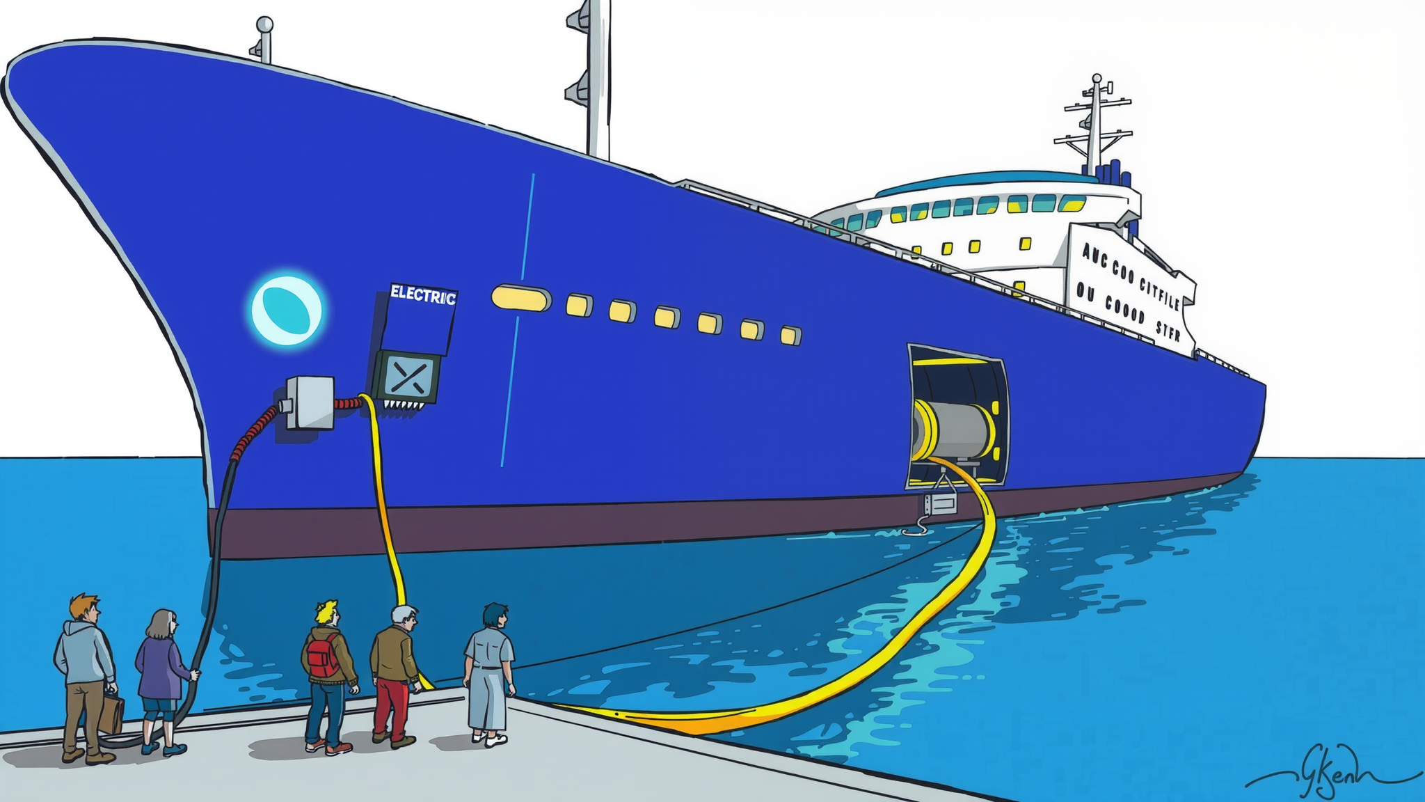 A large electric ship is docked and connected to a power source with a cable plugged in to it.
