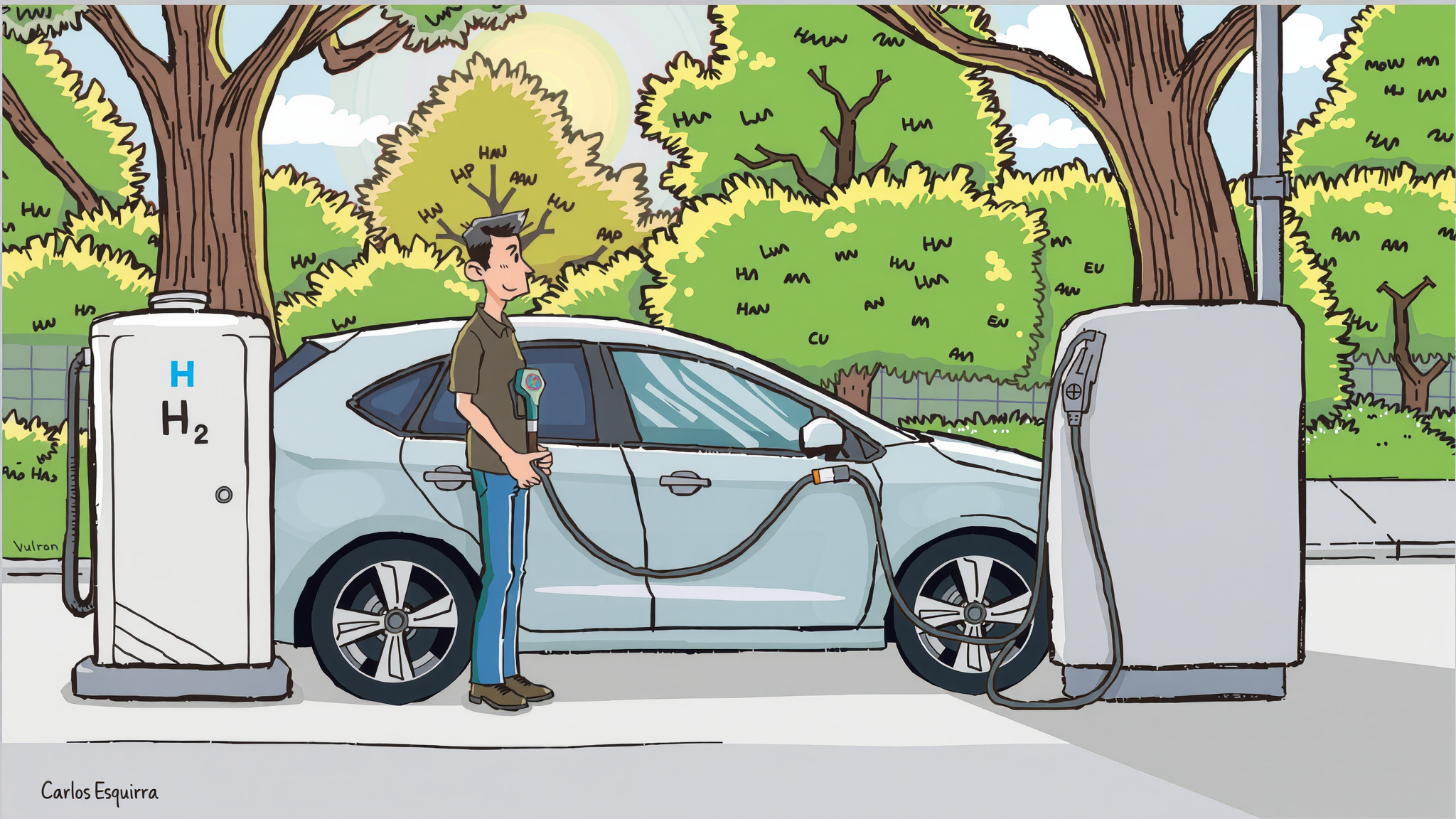 A man is stood refuelling his fuel cell electric vehicle at a hydrogen station.