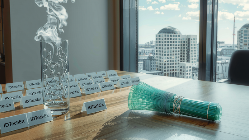 A table overlooking a city has a glass with advanced materials and smoke emerging.