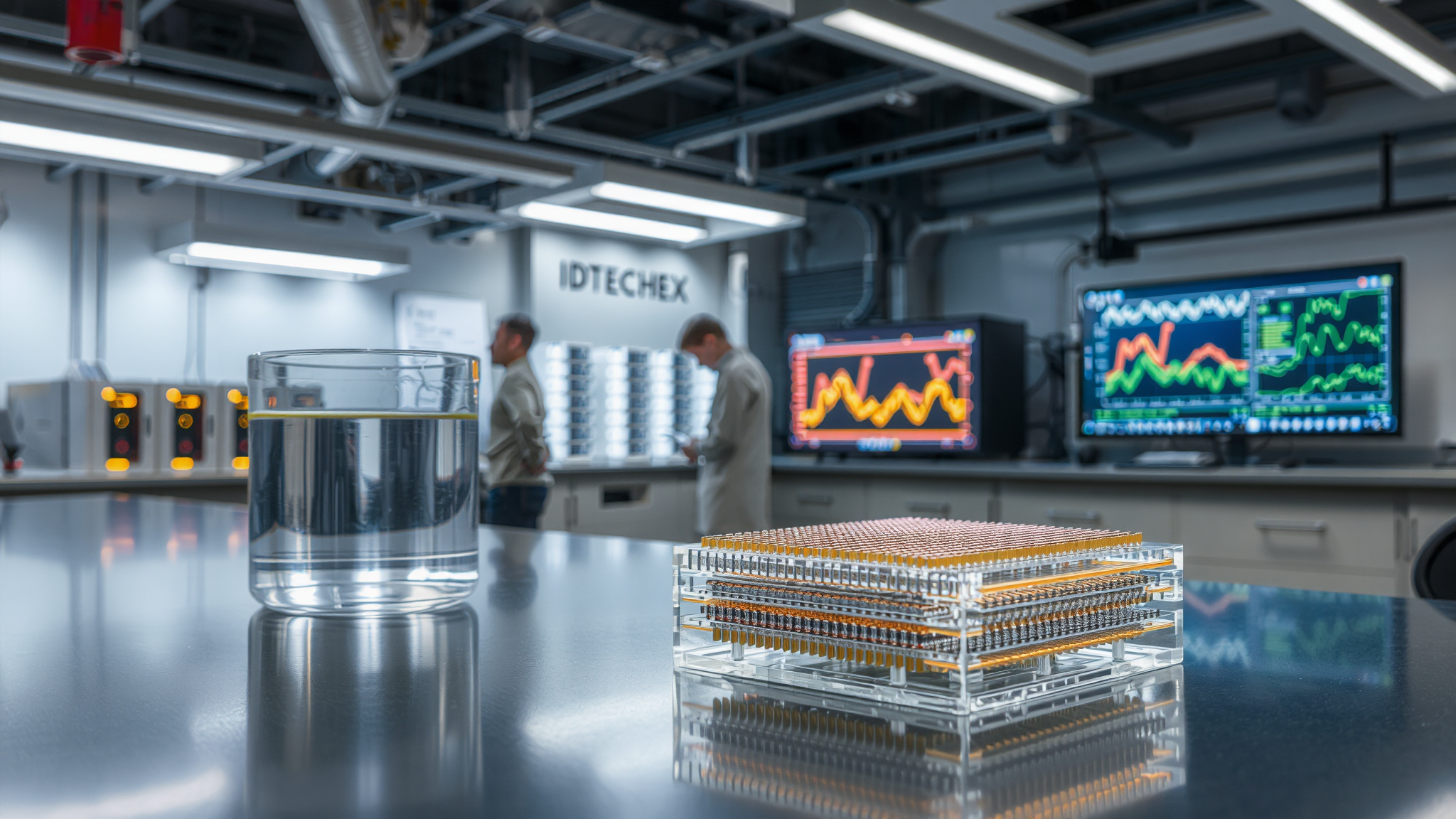 A semiconductor is positioned on a table in a lab and scientists are working behind.